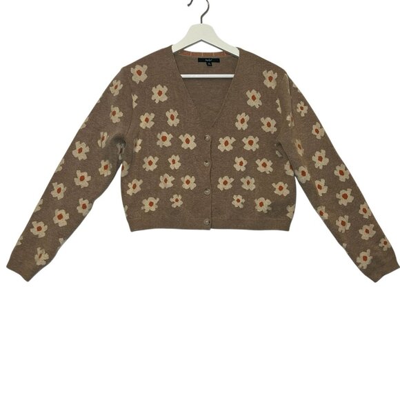 Papaya Women’s Cardigan  V Neck Buttons Crop Sweater Beige Medium Size Flowers - Picture 4 of 11